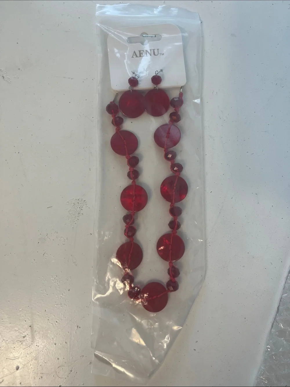 Aenu Fashion Chunky Beads Knitted Red Necklace Earring Set NWT